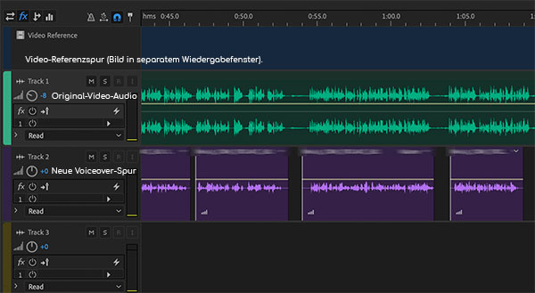 Foto der Synchronisationssitzung Audio in Adobe Audition.  Der britische Voiceover wird hinzugefügt und an das Original angepasst. 