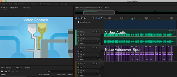 Dubbing session screenshot.  British voiceover is in purple on right.  The visual reference of the video is on the left.