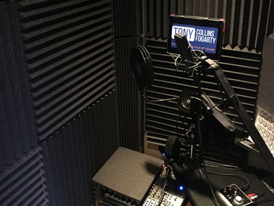 Voice over booth with sound proofing treatment for isolation and acoustic treatment to give a deadened sound. 