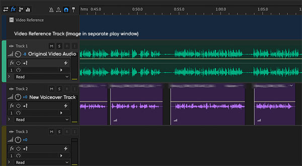 Photo of Dubbing Session audio in Adobe Audition.  The British voiceover is added and matched to the original. 